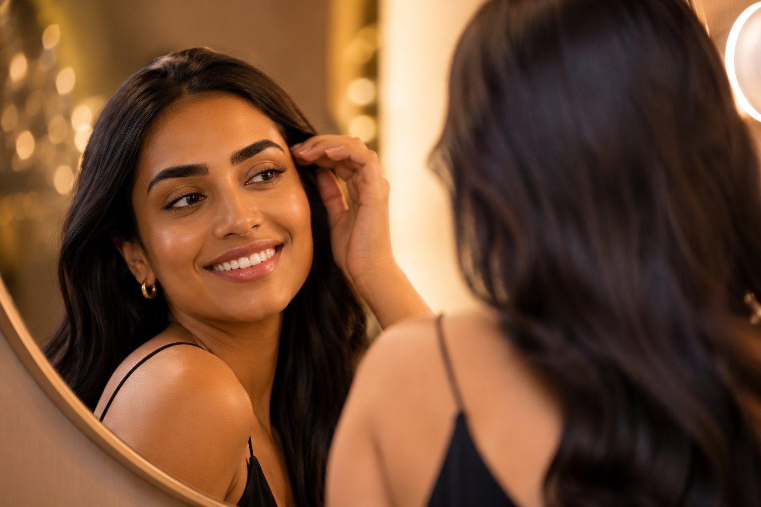 Happy client admiring brows after service